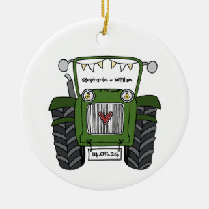 Gepersonaliseerde groene tractor land bruiloft cad keramisch ornament