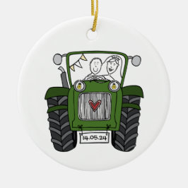 Gepersonaliseerde groene tractor land bruiloft cad keramisch ornament