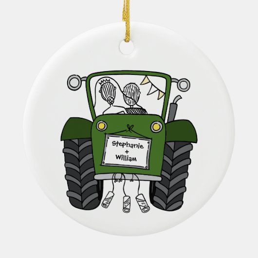 Gepersonaliseerde groene tractor land bruiloft cad keramisch ornament (Achterkant)