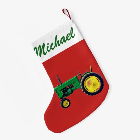Gepersonaliseerde  Groene Tractor op Rood Kleine Kerstsok (Achterkant (Hangend))
