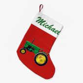 Gepersonaliseerde  Groene Tractor op Rood Kleine Kerstsok (Voorkant (Hangend))