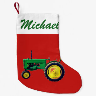Gepersonaliseerde  Groene Tractor op Rood Kleine Kerstsok