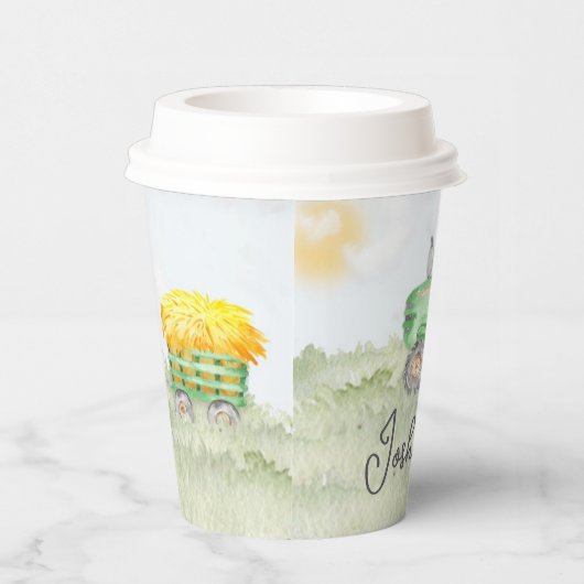 Gepersonaliseerde Groene Tractor Thema Papier Part Papieren Bekers (Rechts)