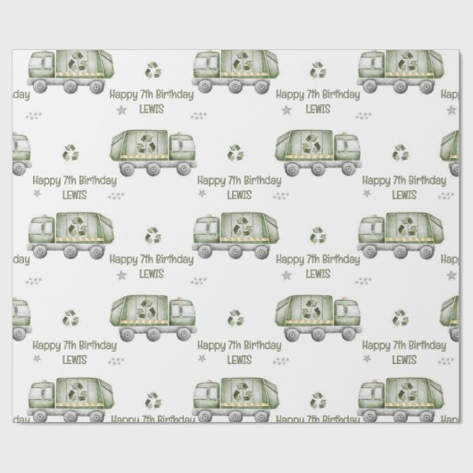 Gepersonaliseerde Groene Vuilniswagen Verjaardagsf Cadeaupapier (Vlak)