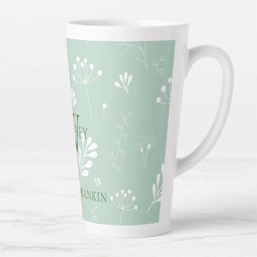 Gepersonaliseerde groene w / witte bloemen latte mok (Rechts)
