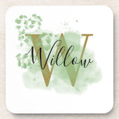 Gepersonaliseerde groene Waterverf & Floral Initia Bier Onderzetter (Voorkant)