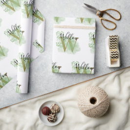 Gepersonaliseerde groene Waterverf & Floral Initia Cadeaupapier