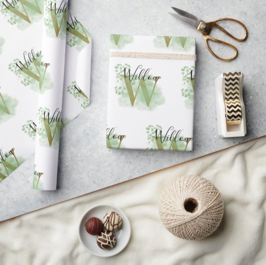 Gepersonaliseerde groene Waterverf & Floral Initia Cadeaupapier (Crafts)