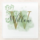 Gepersonaliseerde groene Waterverf & Floral Initia Glazen Onderzetter (Voorkant)