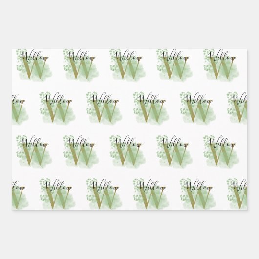 Gepersonaliseerde groene Waterverf & Floral Initia Inpakpapier Vel (Voorkant 3)