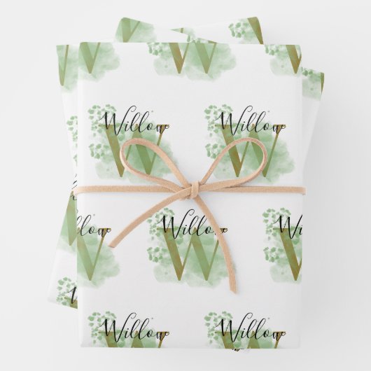 Gepersonaliseerde groene Waterverf & Floral Initia Inpakpapier Vel (In situ)