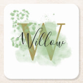 Gepersonaliseerde groene Waterverf & Floral Initia Kartonnen Onderzetters (Voorkant)