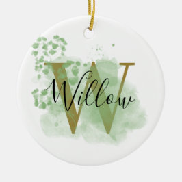 Gepersonaliseerde groene Waterverf & Floral Initia Keramisch Ornament