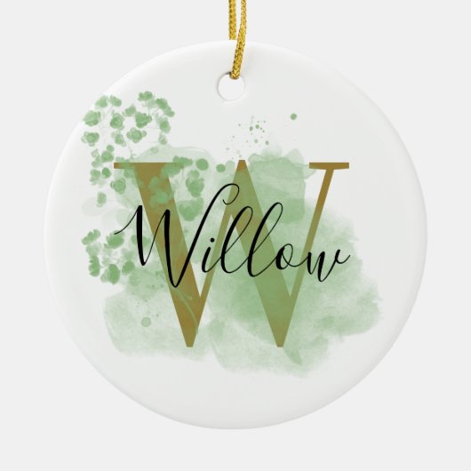 Gepersonaliseerde groene Waterverf & Floral Initia Keramisch Ornament (Voorkant)