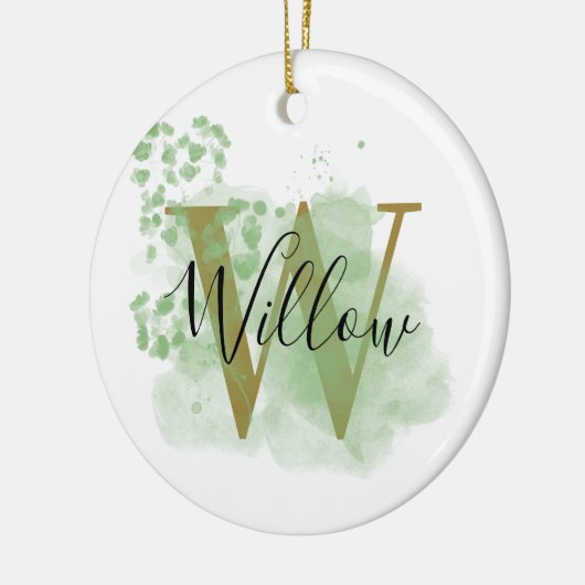 Gepersonaliseerde groene Waterverf & Floral Initia Keramisch Ornament (Links)