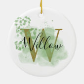 Gepersonaliseerde groene Waterverf & Floral Initia Keramisch Ornament (Achterkant)