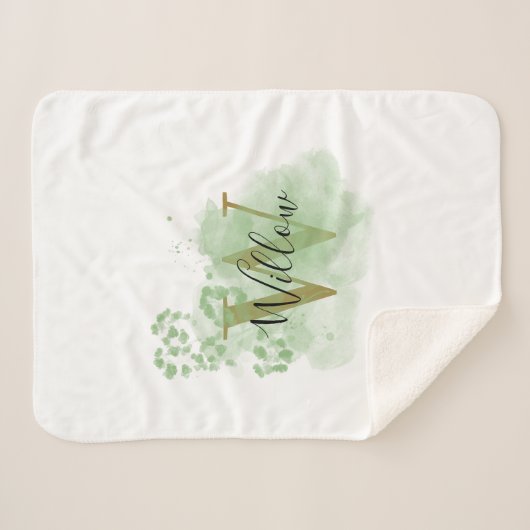 Gepersonaliseerde groene Waterverf & Floral Initia Sherpa Deken (Voorkant (horizontaal))