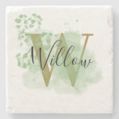 Gepersonaliseerde groene Waterverf & Floral Initia Stenen Onderzetter (Voorkant)