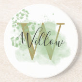 Gepersonaliseerde groene Waterverf & Floral Initia Zandsteen Onderzetter (Voorkant)