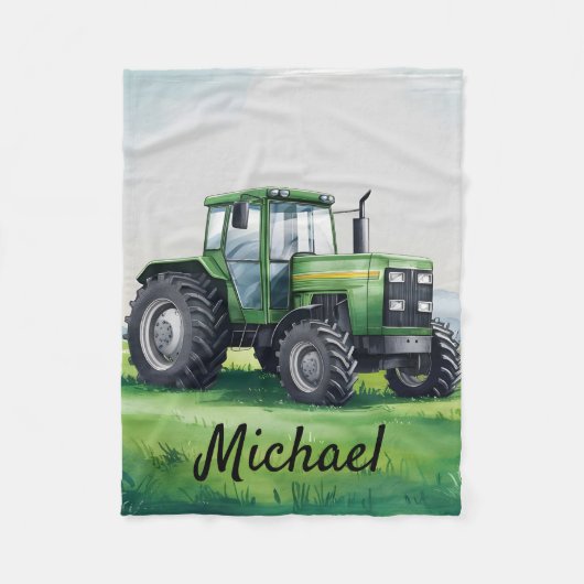 Gepersonaliseerde Groene Waterverf Tractor Fleece Deken (Voorkant)