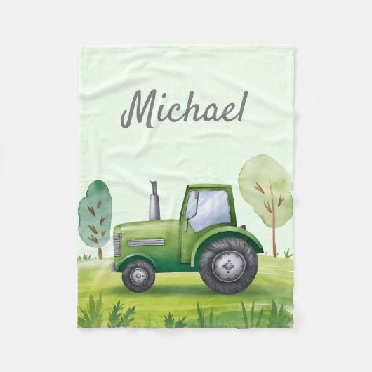 Gepersonaliseerde Groene Waterverf Tractor Fleece Deken (Voorkant)