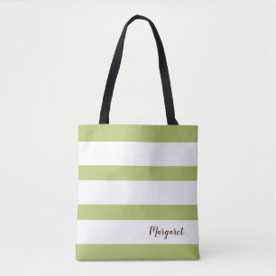 Gepersonaliseerde Groene & Witte Gestreepte Canvas Tote Bag