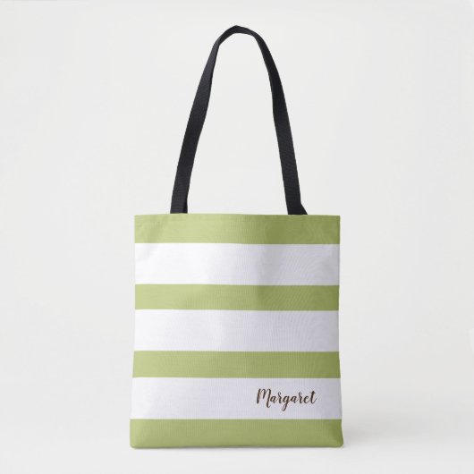 Gepersonaliseerde Groene & Witte Gestreepte Canvas Tote Bag (Voorkant)