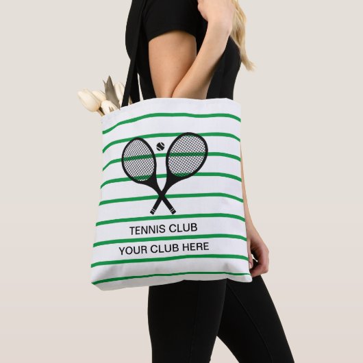 Gepersonaliseerde groene witte streep tennis racke tote bag (Dichtbij)