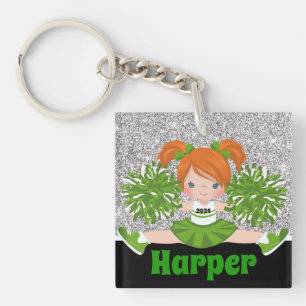 Gepersonaliseerde Groene & Zilveren Cheerleading S Sleutelhanger