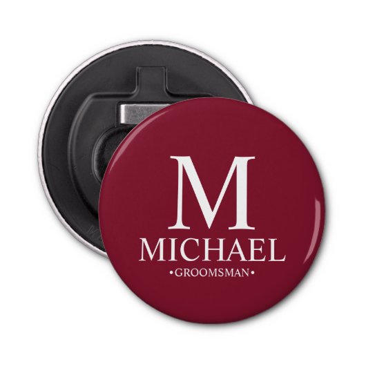 Gepersonaliseerde Groomsman Naam en Monogram Button Flesopener (Voorkant)
