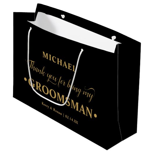 Gepersonaliseerde Groomsman Zwart en Goud Dank u Groot Cadeauzakje (Voorkant Gekanteld)