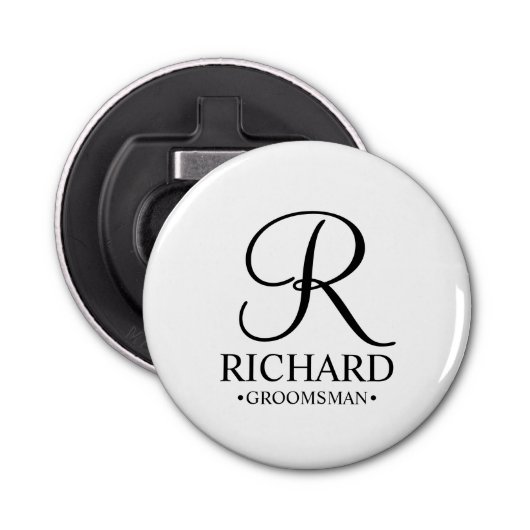 Gepersonaliseerde Groomsman's Naam en Monogram Button Flesopener (Voorkant)
