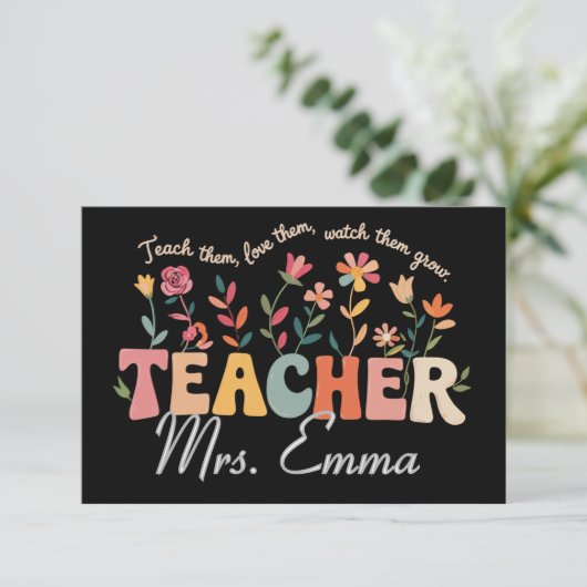 Gepersonaliseerde Groovy Flowers Teacher Custom Gi Bedankkaart (Staand voorkant)