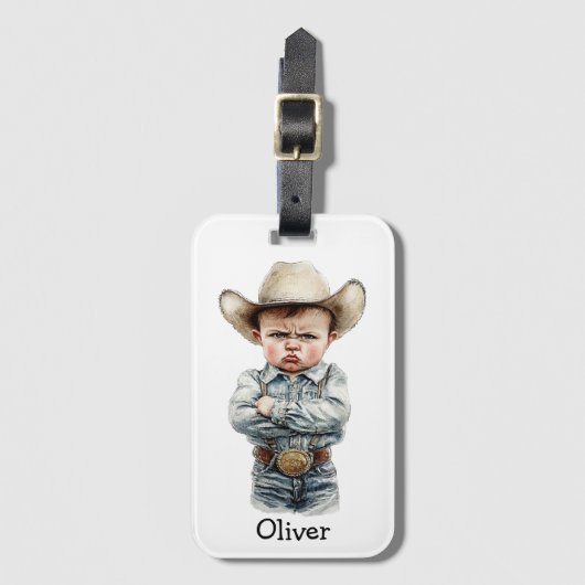 Gepersonaliseerde Grumpy Cowboy in Denim Outfit Bagagelabel (Voorkant (verticaal))