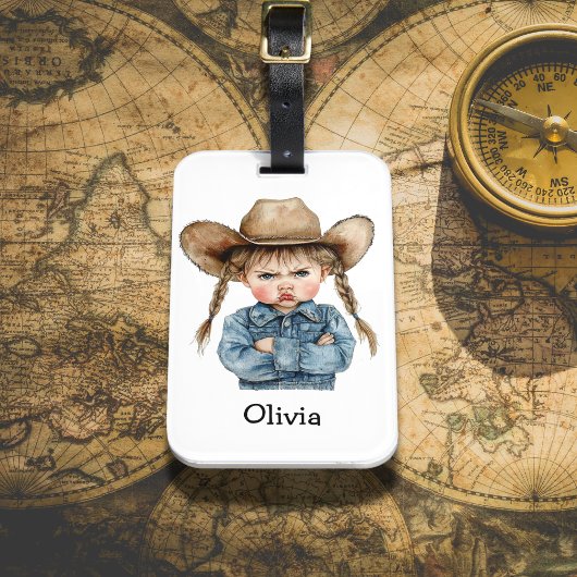 Gepersonaliseerde Grumpy Cowgirl in Denim Jacket Bagagelabel