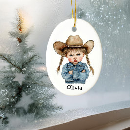 Gepersonaliseerde Grumpy Cowgirl in Denim Jacket Keramisch Ornament