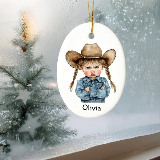 Gepersonaliseerde Grumpy Cowgirl in Denim Jacket Keramisch Ornament