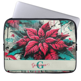 Gepersonaliseerde Grungy Poinsettia Bloemen Graffi Laptop Sleeve