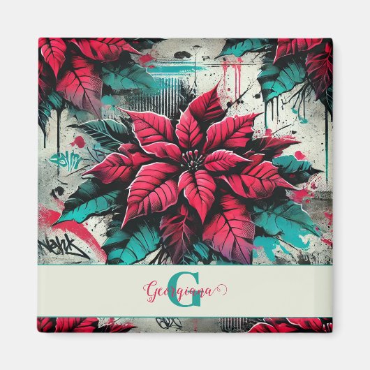 Gepersonaliseerde Grungy Poinsettia Bloemen Graffi Magneet (Voorkant)