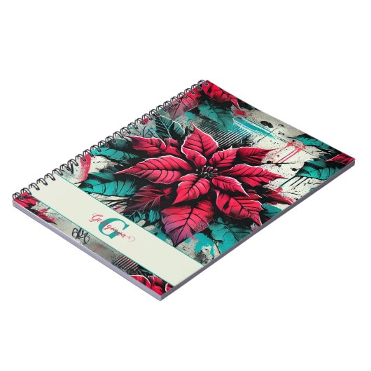 Gepersonaliseerde Grungy Poinsettia Bloemen Graffi Notitieboek (Linkerzijde)