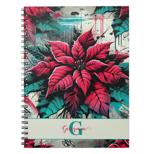 Gepersonaliseerde Grungy Poinsettia Bloemen Graffi Notitieboek (Voorkant)