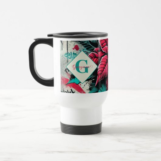 Gepersonaliseerde Grungy Poinsettia Bloemen Graffi Reisbeker (Links)
