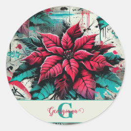 Gepersonaliseerde Grungy Poinsettia Bloemen Graffi Ronde Sticker