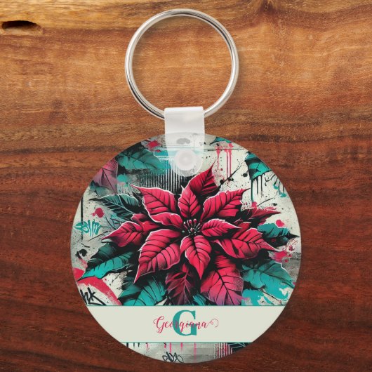 Gepersonaliseerde Grungy Poinsettia Bloemen Graffi Sleutelhanger (Voorkant)