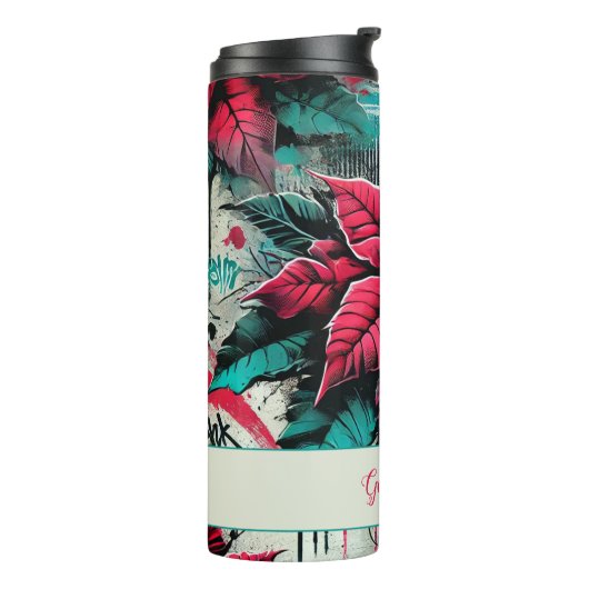 Gepersonaliseerde Grungy Poinsettia Bloemen Graffi Thermosbeker (Gedraaid links)