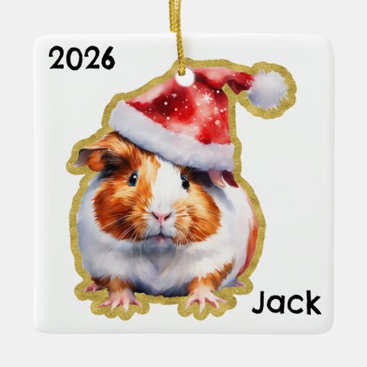 Gepersonaliseerde Guinea Pig met Santa Hat Keramisch Ornament (Voorkant)