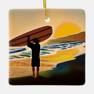Gepersonaliseerde Guy op het strand met Surf Board Keramisch Ornament