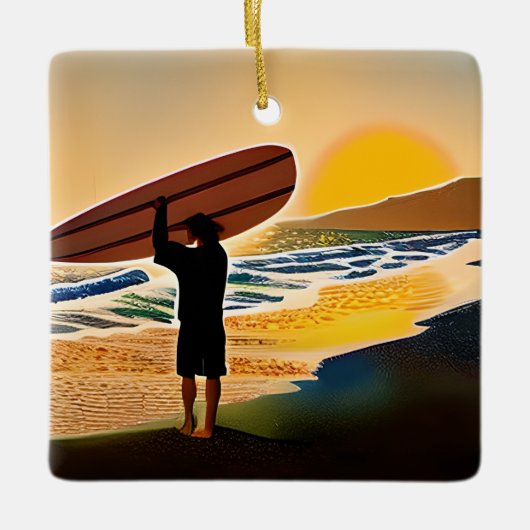 Gepersonaliseerde Guy op het strand met Surf Board Keramisch Ornament (Voorkant)