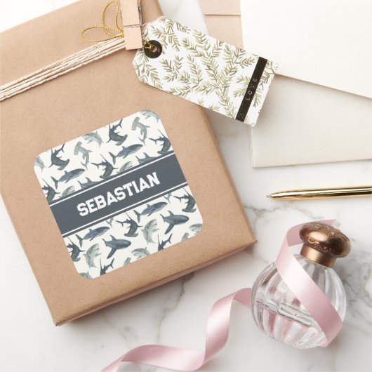 Gepersonaliseerde haai Sticker | Waterverf haaien (Geschenken)