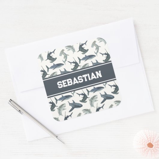 Gepersonaliseerde haai Sticker | Waterverf haaien (Envelop)